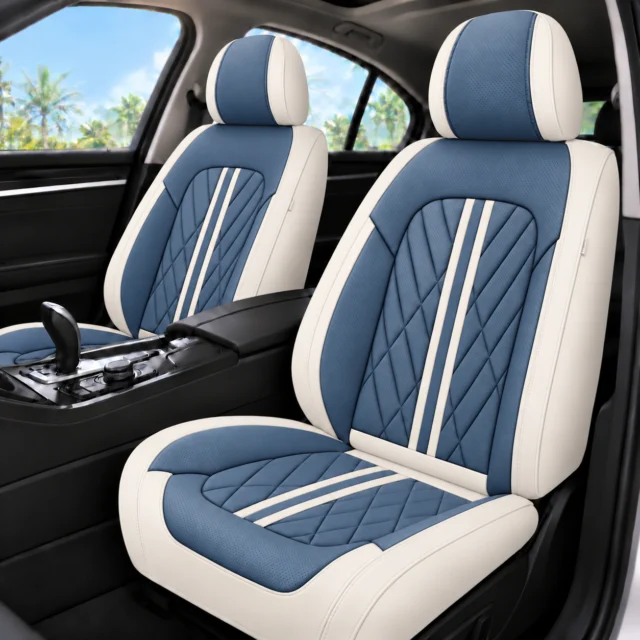 Waterproof Leather Car Seat Covers — White & Blue
