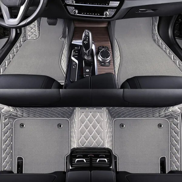 LIGHT GREY & WHITE STITCHING BASE WITH GREY CARPET DOUBLE LAYER CAR FLOOR MAT